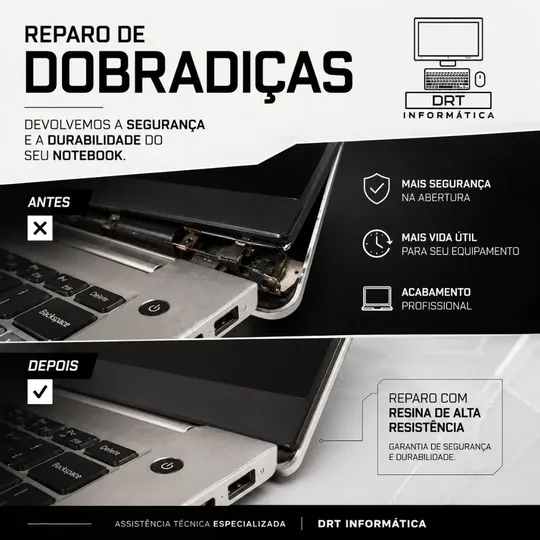 Arte da DRT mostrando notebook antes e depois do reparo de dobradiça